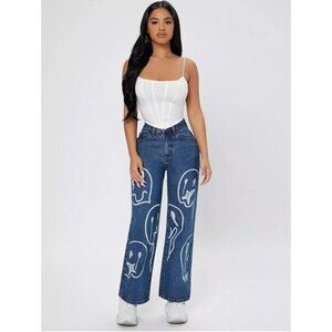 Psychedelic skater wide leg high rise melting smiley face graphic jeans size m